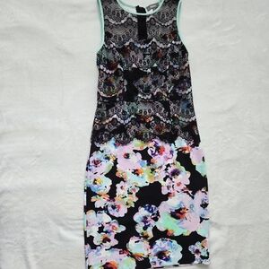 Neiman Marcus Black Floral Lace Midi Dress